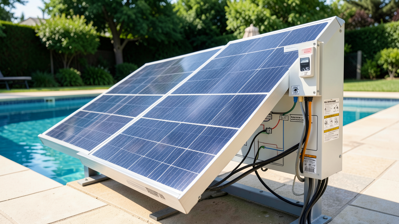 panneau photovoltaïque pour piscine avec schéma de raccordement et normes de sécurité visibles