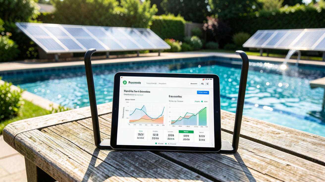 panneau photovoltaique pour piscine avec une tablette affichant la simulation d'économies