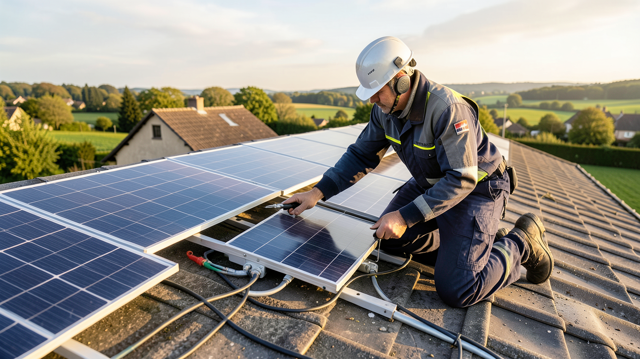 panneau photovoltaïque prix installation comparatif 2026 avec installateur vérifiant les panneaux sur un toit