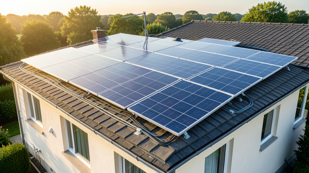 panneau photovoltaique prix installation sur le toit d'une maison avec vue sur le ciel dégagé