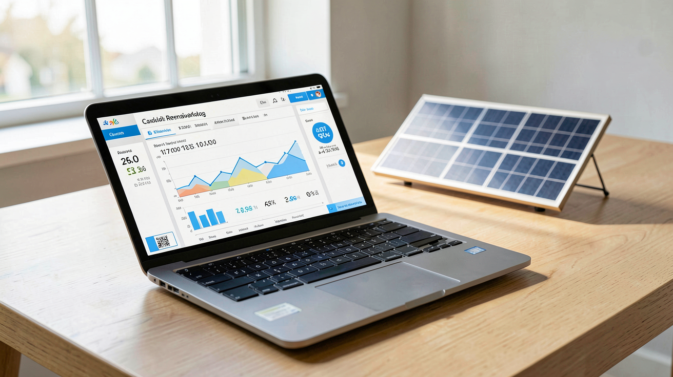 panneau photovoltaïque prix kWh calculateur de rentabilité posé sur une table en bois clair avec un panneau solaire miniature en arrière-plan