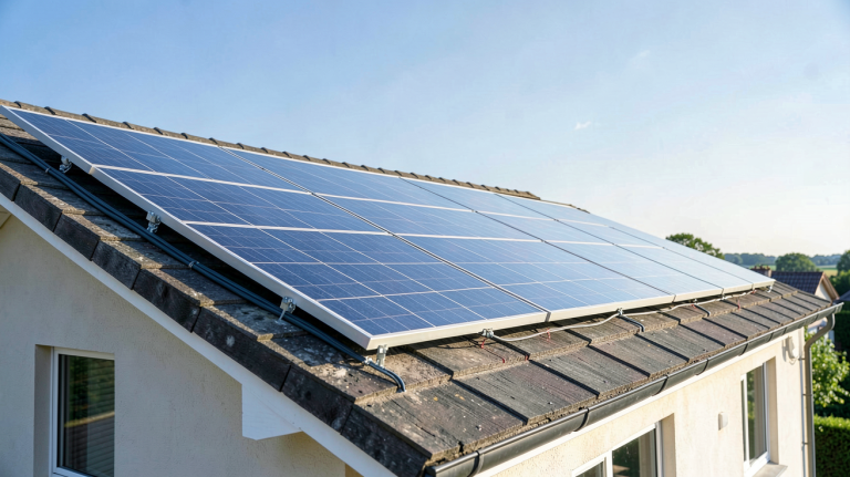 panneau photovoltaïque installé sur le toit d'une maison avec un ciel bleu dégagé en arrière-plan