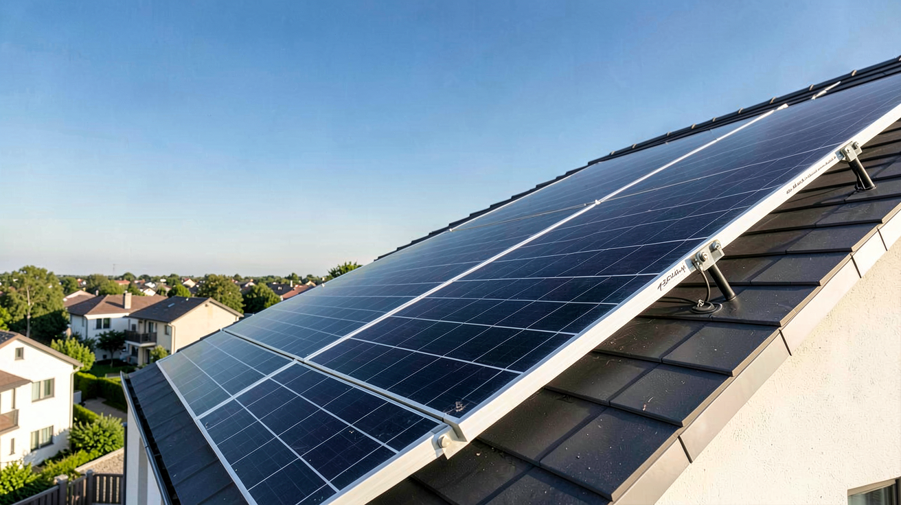 panneau photovoltaïque noir installé sur un toit résidentiel avec calculateur de rentabilité 2026