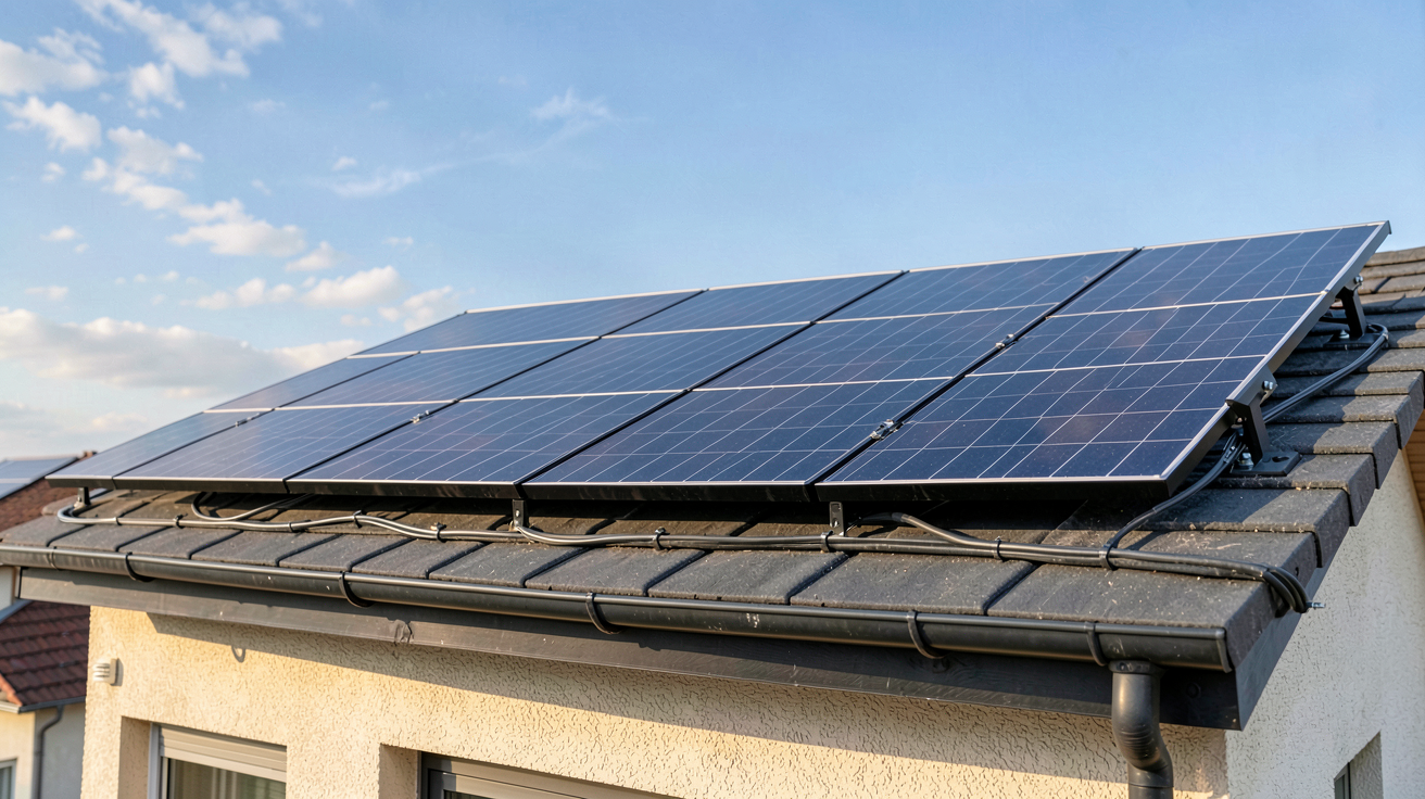 panneau photovoltaïque noir installé sur un toit de maison individuelle illustrant les tarifs EDF OA 2026 pour le prix du kWh