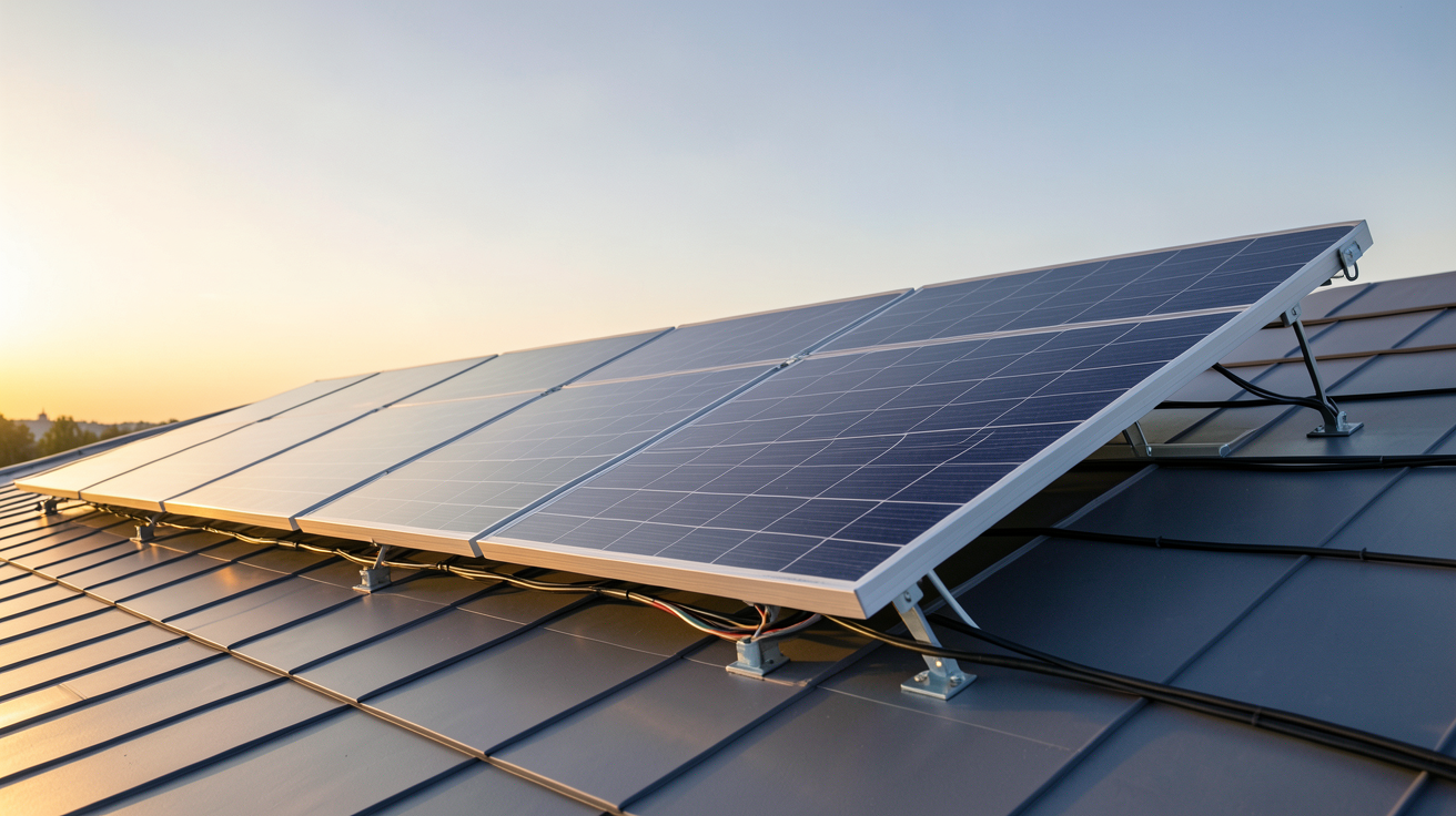 panneau photovoltaïque hybride posé sur un toit moderne, illustrant le prix au m2 en 2026