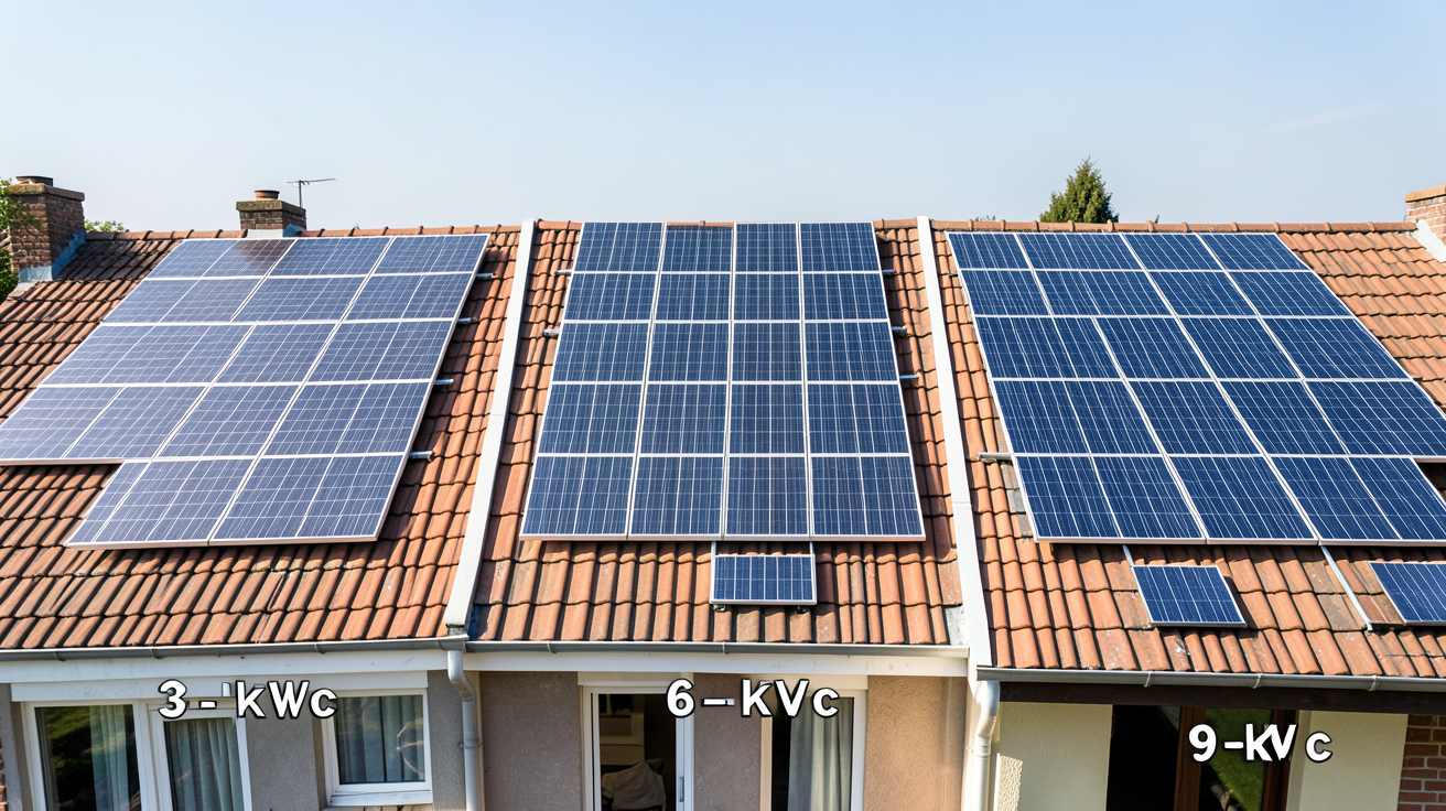 panneau photovoltaique prix moyen montrant trois installations photovoltaïques de 3 kWc, 6 kWc et 9 kWc sous un ciel ensoleillé