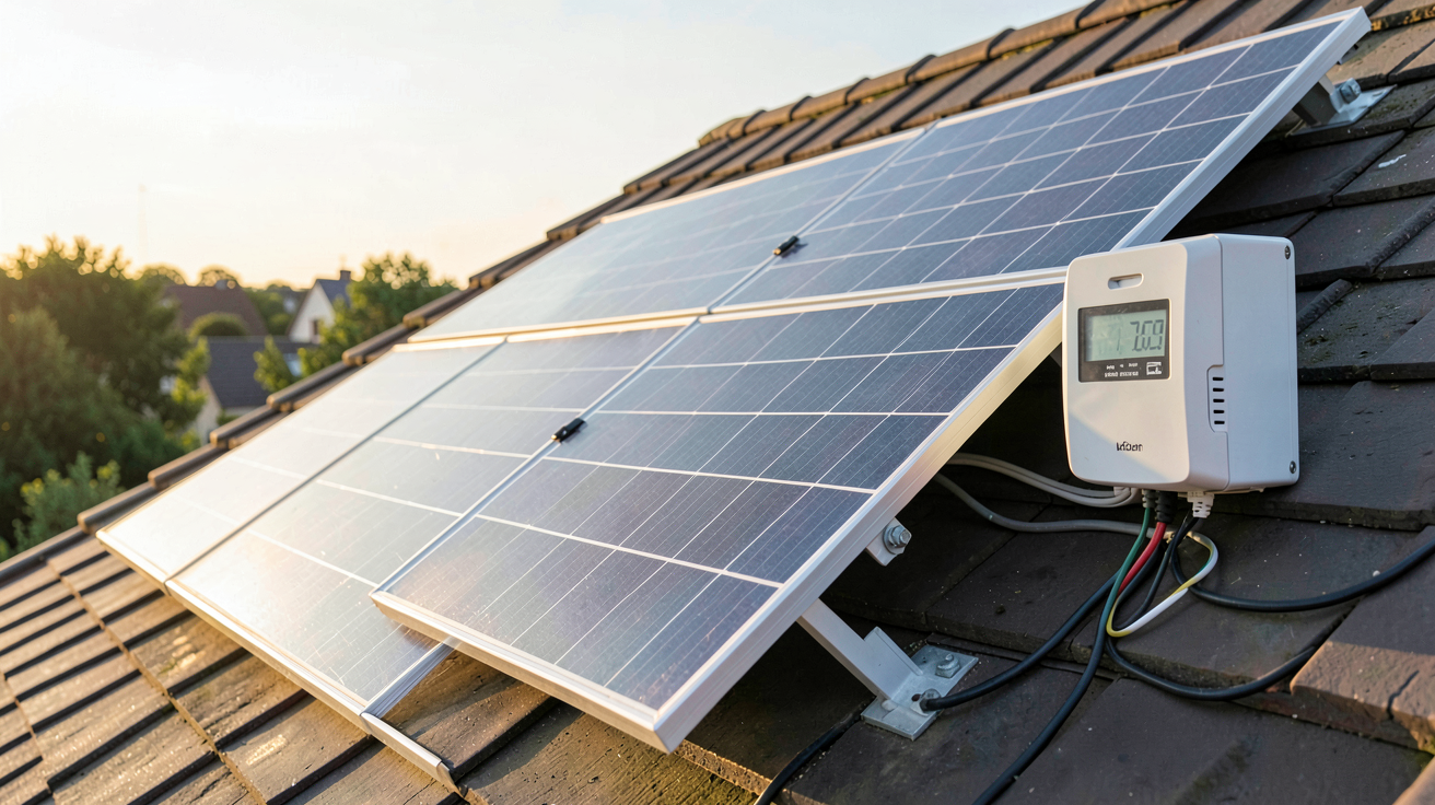 panneau photovoltaïque en production d'électricité avec compteur de mesure installé sur un toit moderne