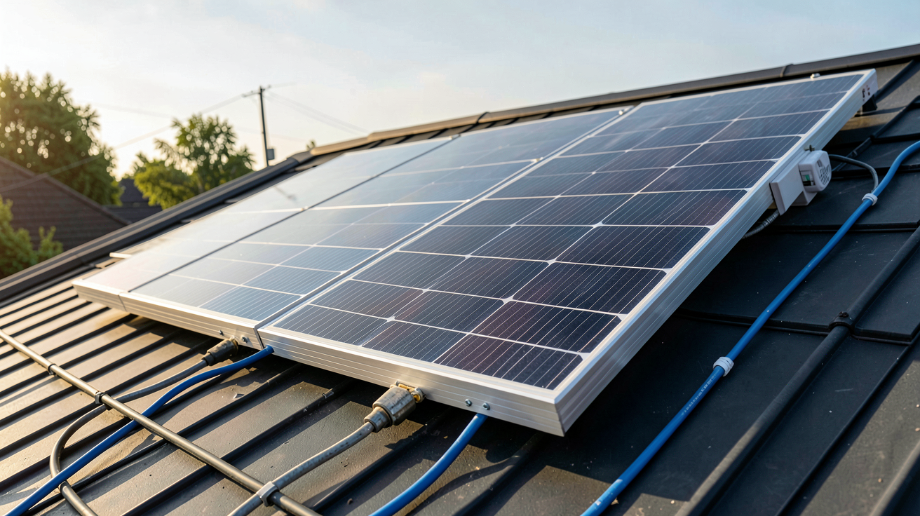 panneau photovoltaïque noir installé sur un toit incliné produisant de l'électricité