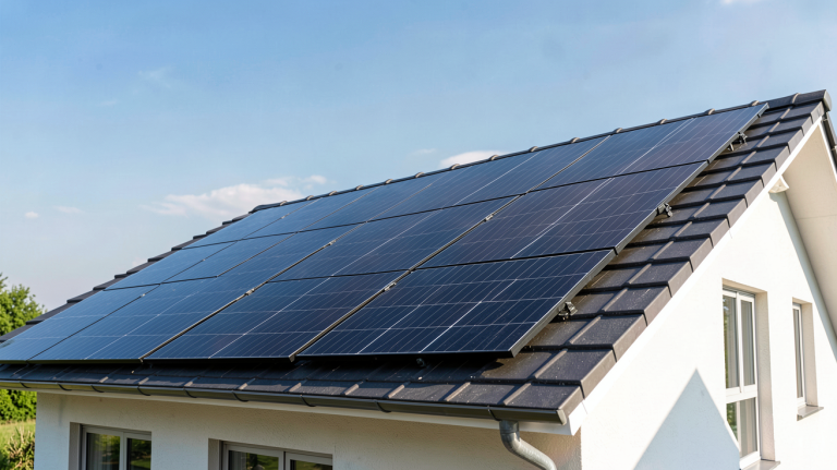 panneau photovoltaïque noir produisant de l'électricité sur le toit d'une maison moderne