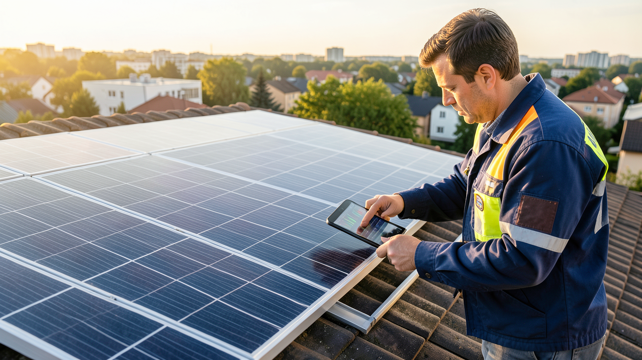 panneau photovoltaïque en production réelle étudié par un technicien avec une tablette pour comparer les données observées et théoriques