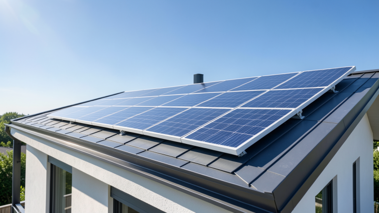 panneau photovoltaïque installé sur le toit d'une maison moderne produisant de l'énergie sous un ciel ensoleillé