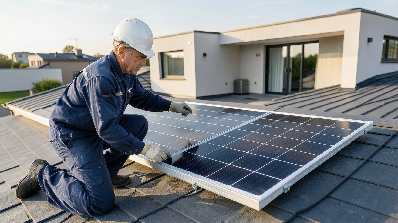 panneau photovoltaïque professionnel monocristallin de haute performance analysé par un technicien sur un toit résidentiel