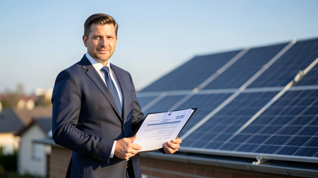 panneau photovoltaïque professionnel devant un professionnel tenant un dossier administratif