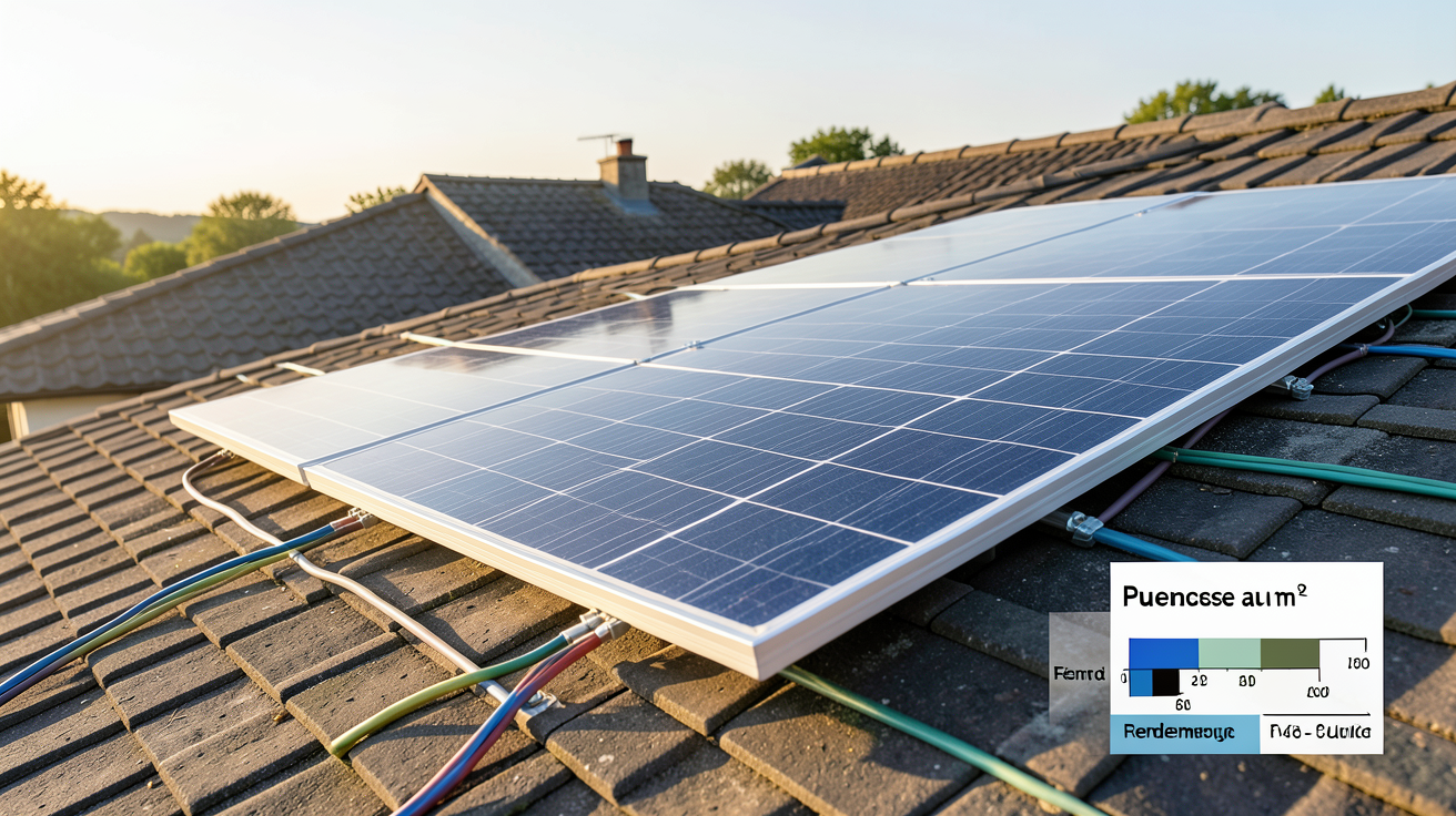 panneau photovoltaïque puissance au m2 affichant des données de calcul de production solaire par mètre carré