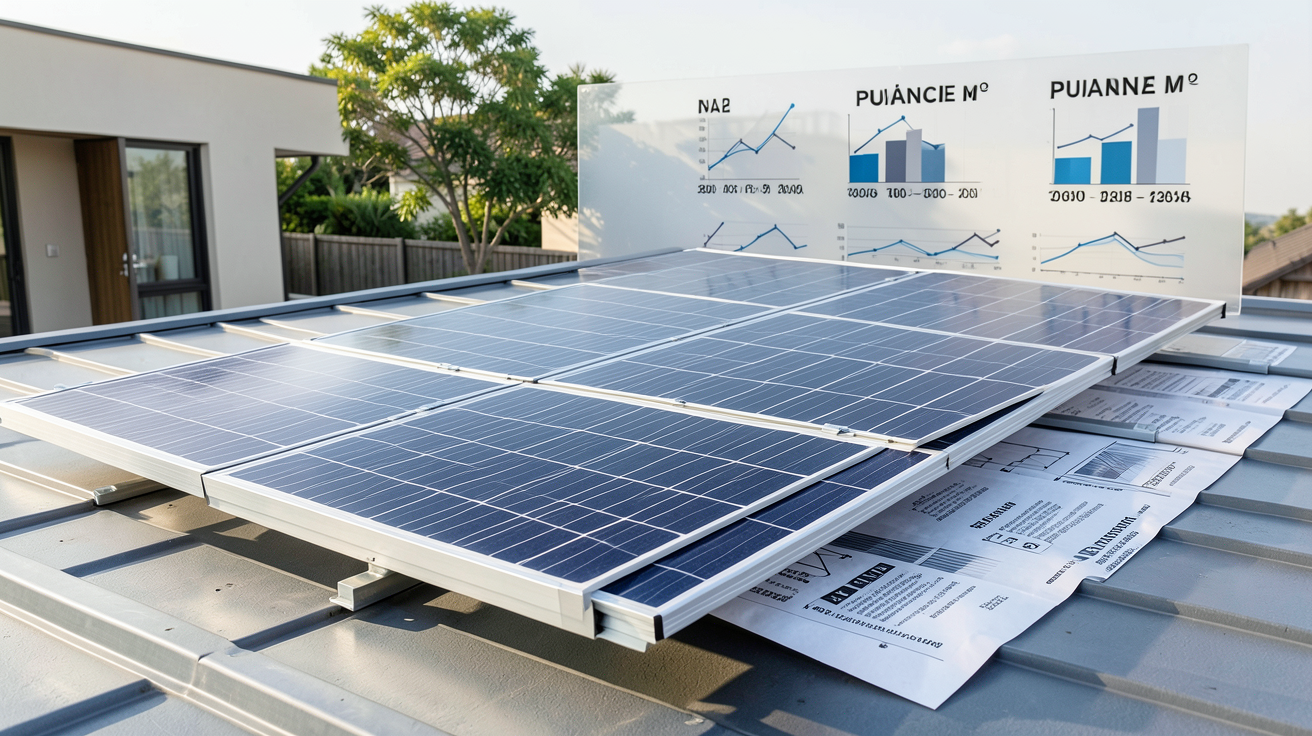 panneau photovoltaïque puissance au m2 installé sur un toit de maison moderne avec des données techniques visibles