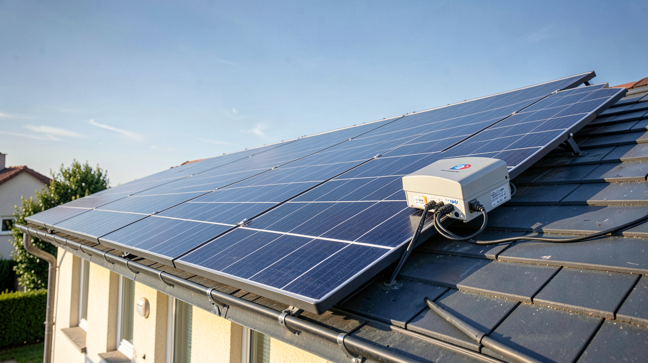 panneau photovoltaïque de puissance maximale installé sur un toit de maison pour l'autoconsommation avec onduleur et compteur Linky