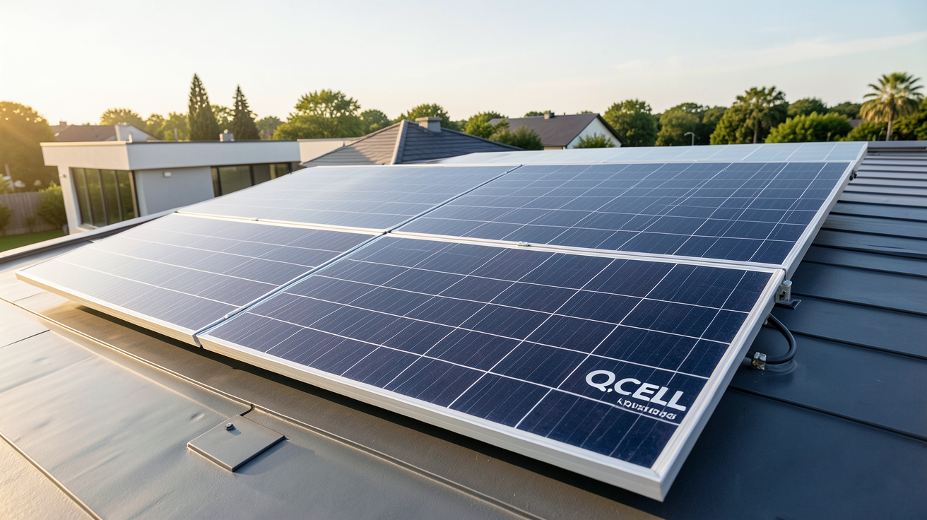 panneau photovoltaïque Q.CELL installé sur un toit moderne, vue rapprochée des cellules solaires