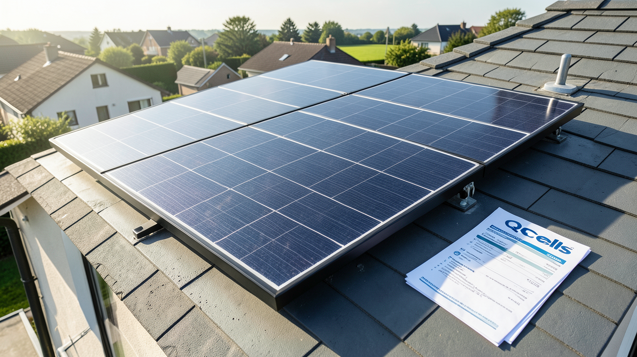 panneau photovoltaïque Qcells installé sur un toit avec des documents financiers illustrant le prix, le retour sur investissement et les aides financières