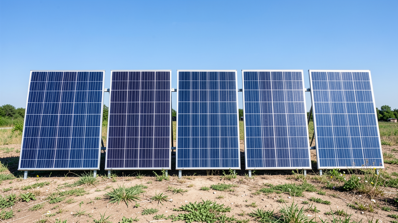 panneau photovoltaique RECOM présentant cinq technologies différentes alignées en extérieur