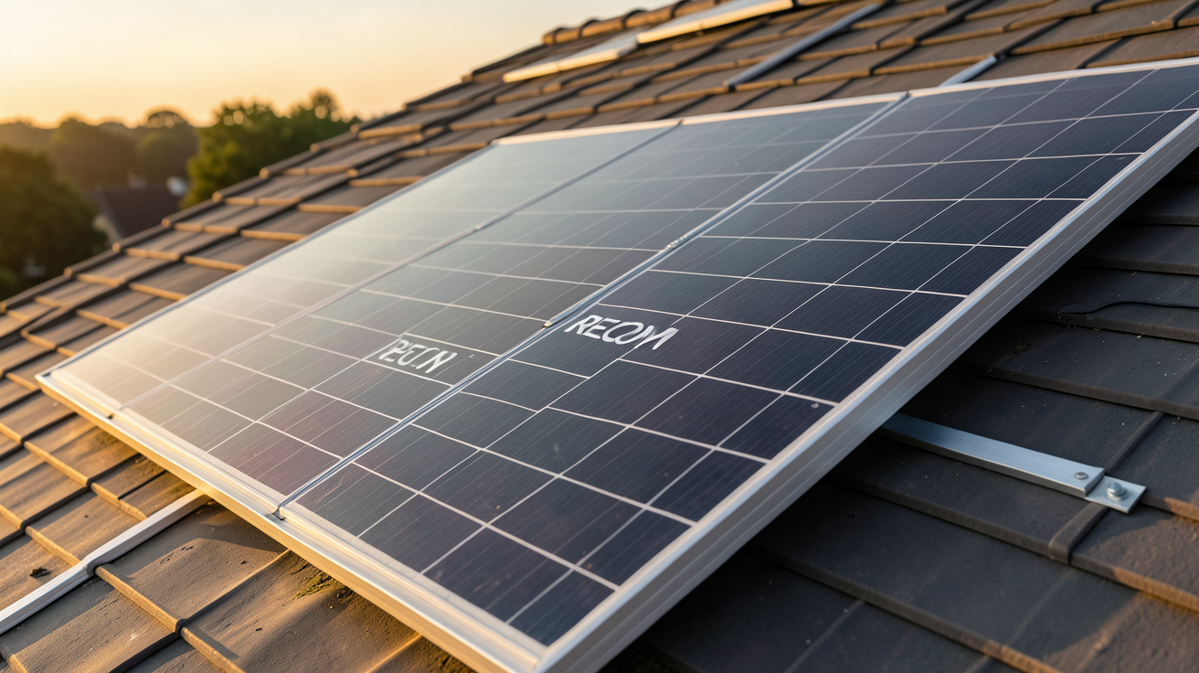 panneau photovoltaïque RECOM installé sur un toit avec vue sur un ciel bleu et des nuages légers
