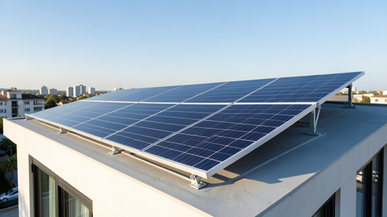 panneau photovoltaïque REC installé sur le toit d'une maison urbaine moderne