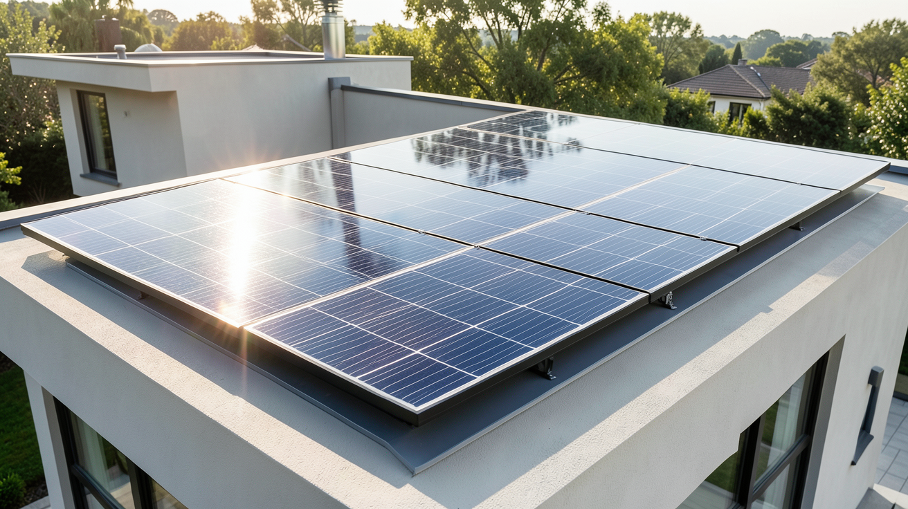 panneau photovoltaique rexel installé sur le toit d'une maison moderne sous un ciel clair