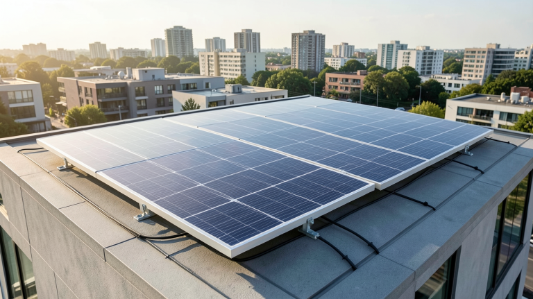 panneau photovoltaïque Rexel installé sur le toit d'une maison urbaine moderne