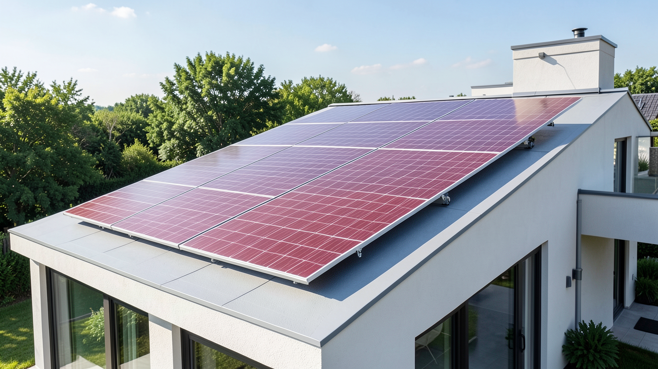 panneau photovoltaique rouge installé sur le toit d'une maison contemporaine