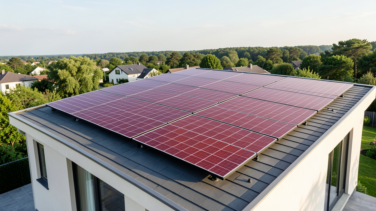 panneau photovoltaique rouge installé sur le toit d'une maison contemporaine