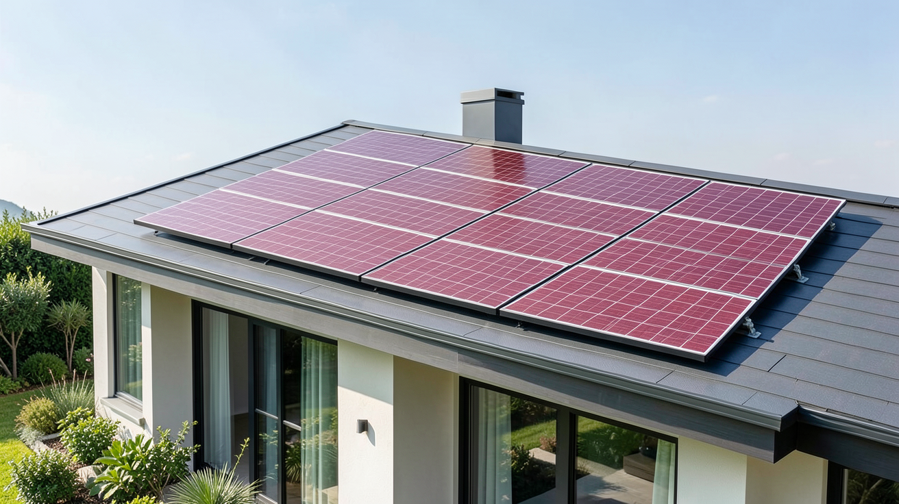 panneau photovoltaique rouge installé sur le toit d'une maison contemporaine