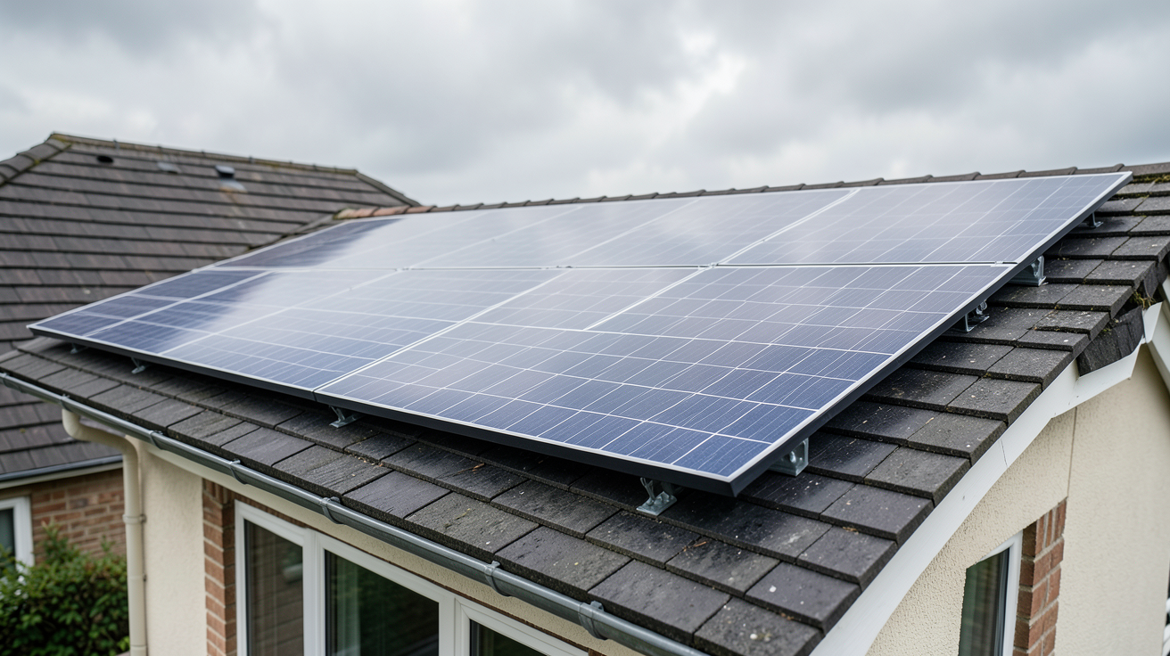 panneau photovoltaïque installé sur le toit d'une maison par temps nuageux, illustrant la production d'énergie sans soleil direct
