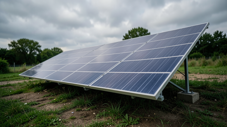 panneau photovoltaique sans soleil installé sous un ciel couvert, montrant les cellules du panneau dans l'ombre avec une lumière diffuse naturelle.