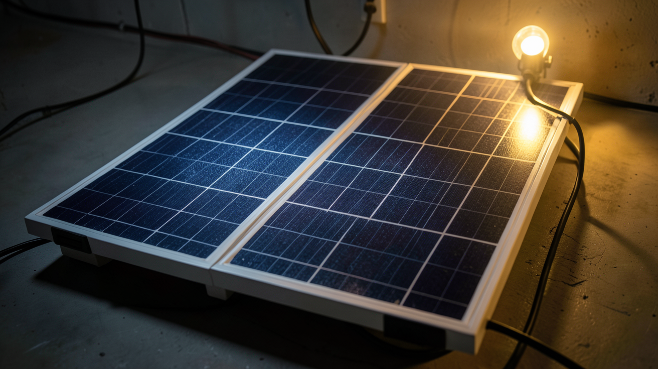 panneau photovoltaïque produisant de l'électricité sous éclairage artificiel avec une lampe de poche LED et une lumière halogène