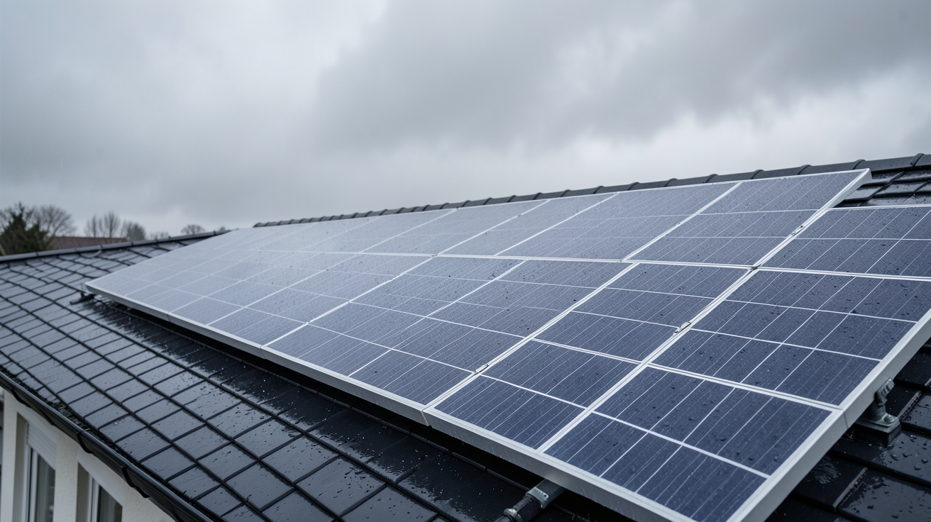 panneau photovoltaïque produisant de l'électricité sous une lumière diffuse par temps couvert