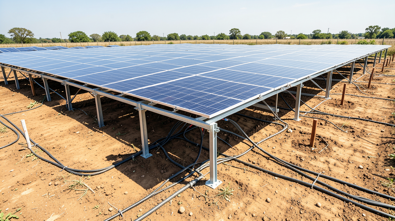 panneau photovoltaïque sol installation étapes branchement montrant le terrain préparé, la structure de fixation et les panneaux connectés