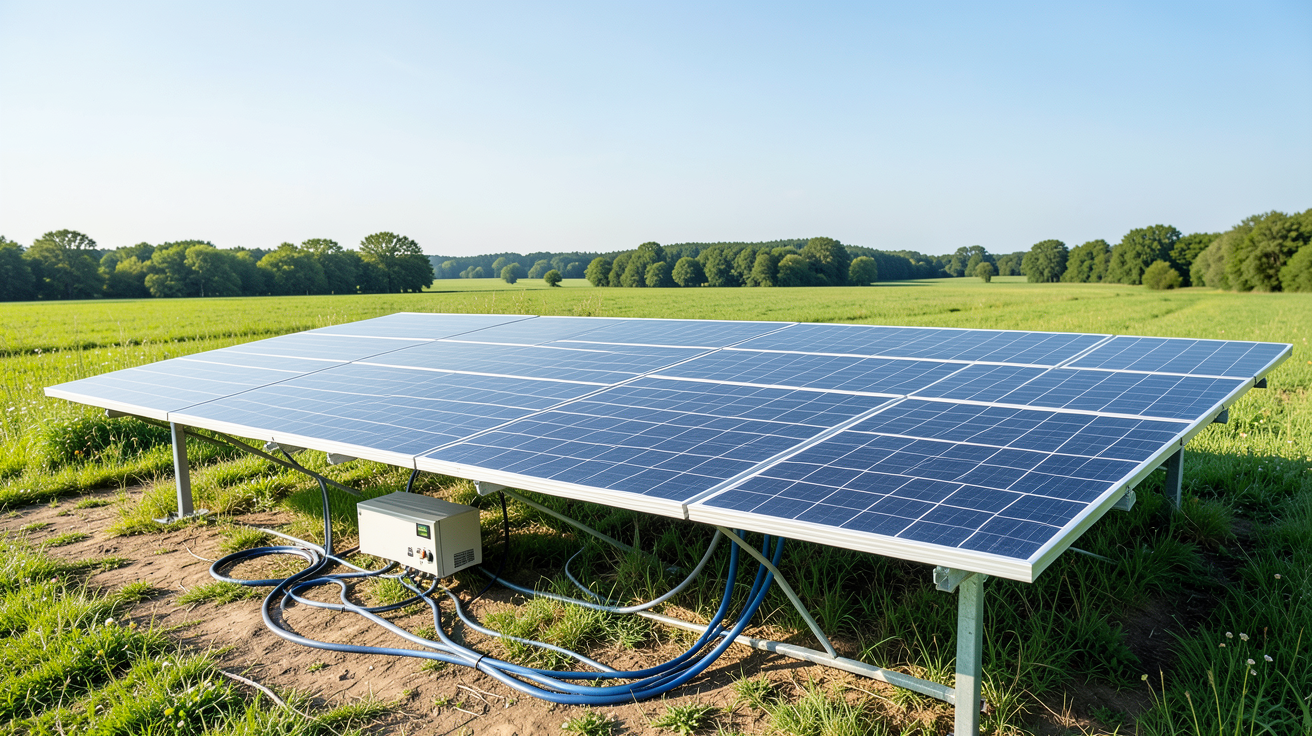 panneau photovoltaique sol installation au sol dans un champ ensoleillé avec onduleur et câbles