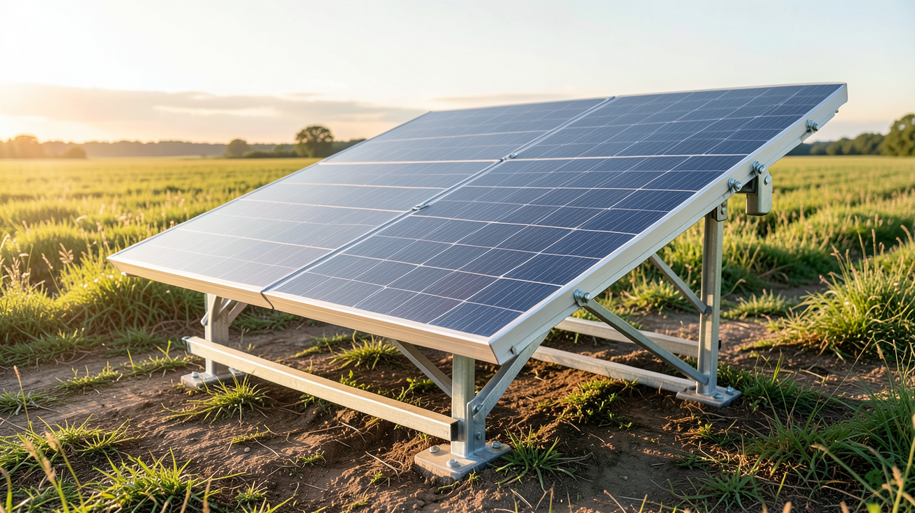 panneau photovoltaïque installé sur un support au sol dans un champ ensoleillé