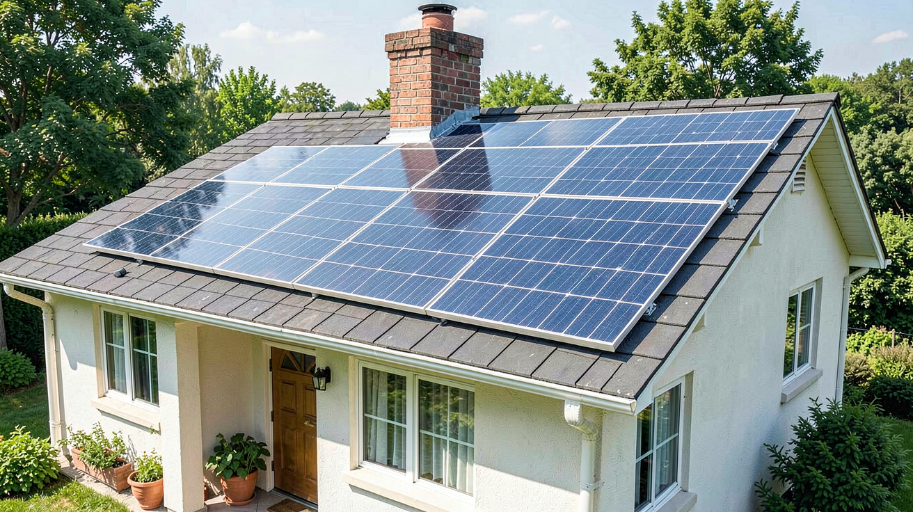 panneau photovoltaique solaire installé sur le toit d'une maison, démontrant le choix de la puissance adaptée au logement