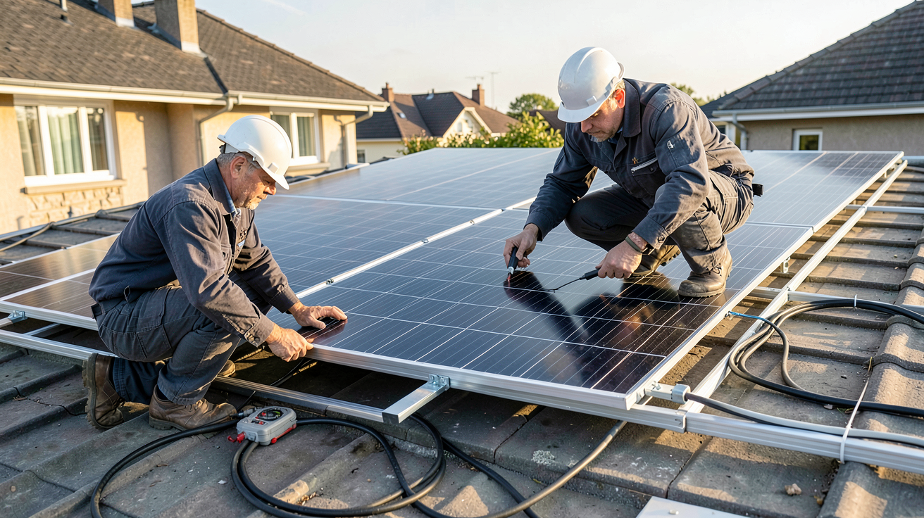 panneau photovoltaïque solaire installation système étapes techniciens toit résidentiel
