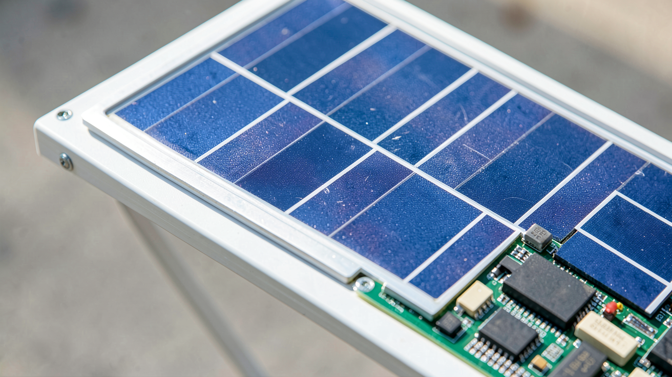 panneau photovoltaïque solaire montrant les cellules photovoltaïques et les composants électroniques en détail