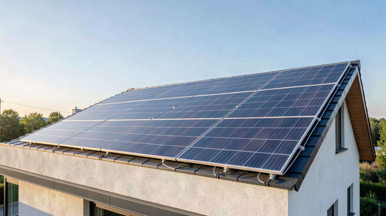 panneau photovoltaïque solaire installé sur le toit d'une maison contemporaine moderne