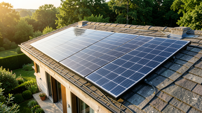 panneau photovoltaïque solar installé sur le toit d'une maison écologique