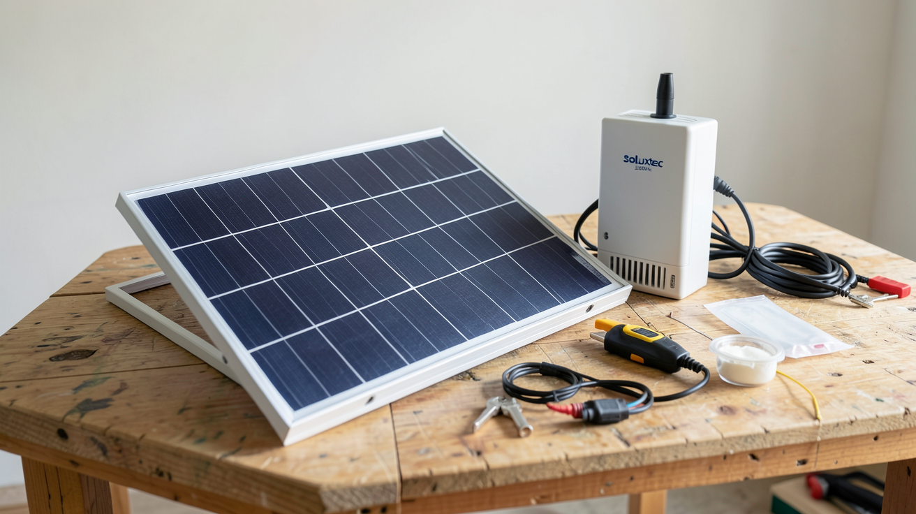 panneau photovoltaïque Soluxtec 330Wc avec onduleur et accessoires d'installation posés sur une table de chantier