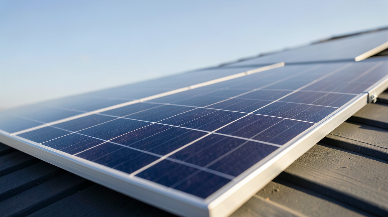 panneau photovoltaïque Soluxtec 330Wc posé sur un toit incliné avec ciel dégagé