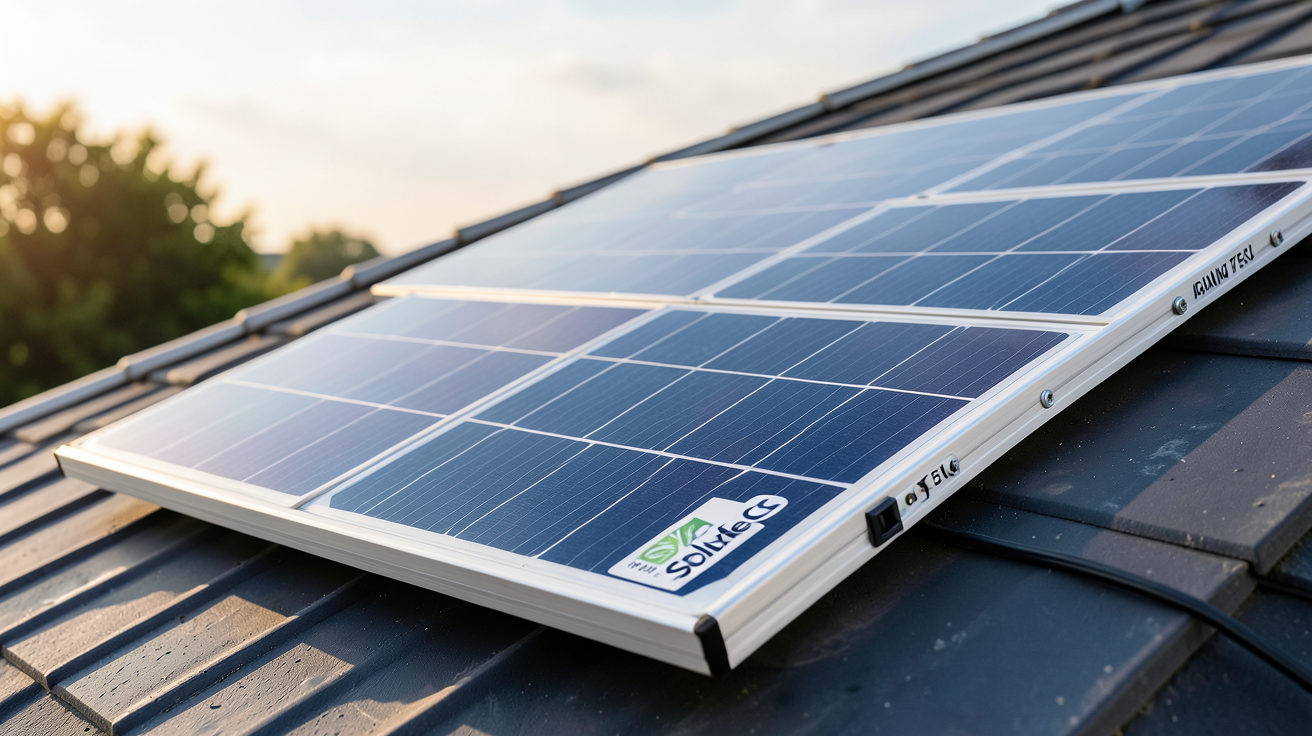 panneau photovoltaïque Soluxtec 375Wc posé sur un toit incliné, mettant en avant ses caractéristiques techniques