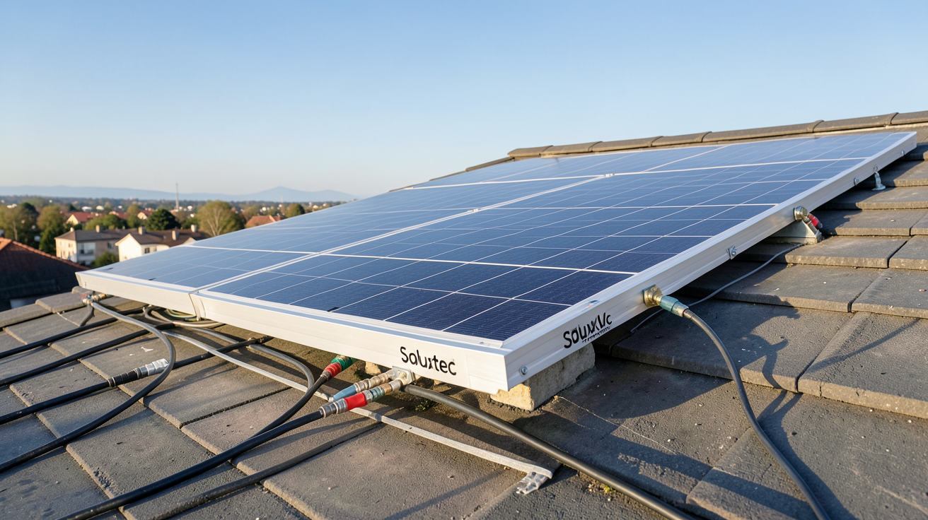 panneau photovoltaïque Soluxtec 375Wc en cours d'installation sur un toit résidentiel