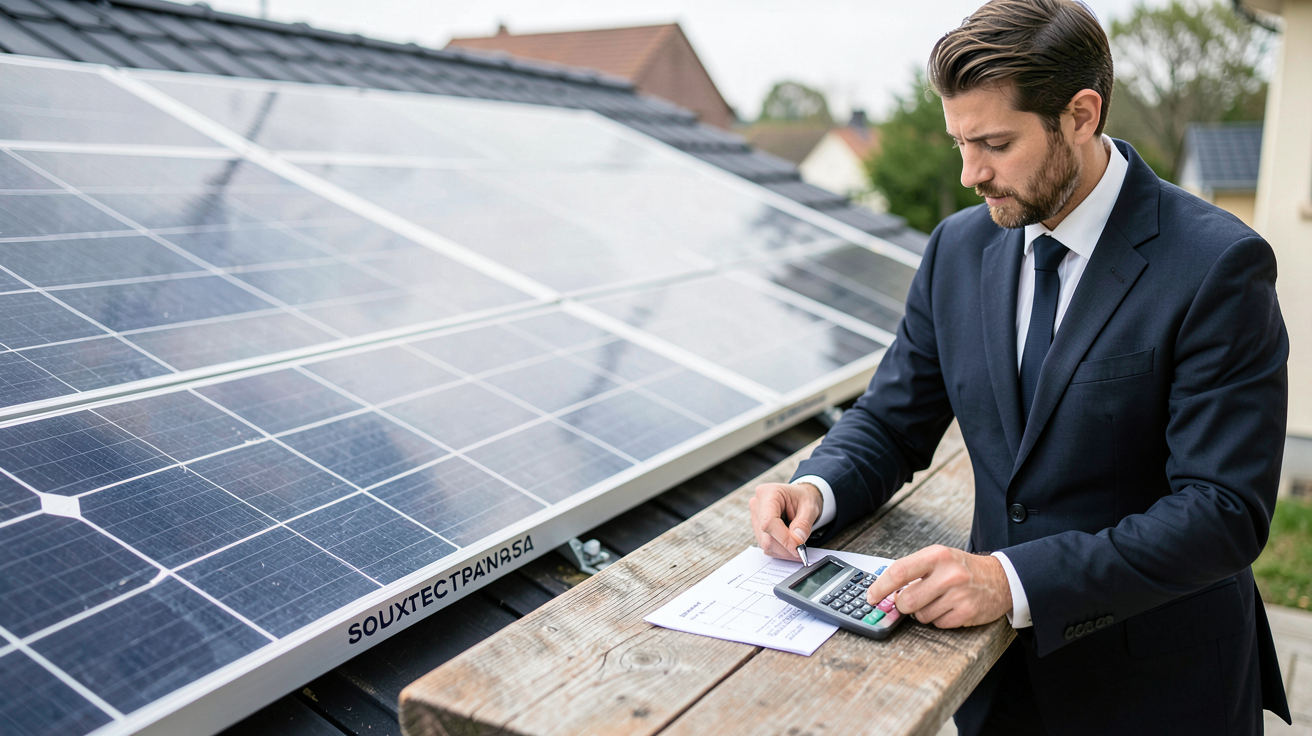 panneau photovoltaique Soluxtec installé sur un toit avec calcul du retour sur investissement (ROI) affiché sur des documents