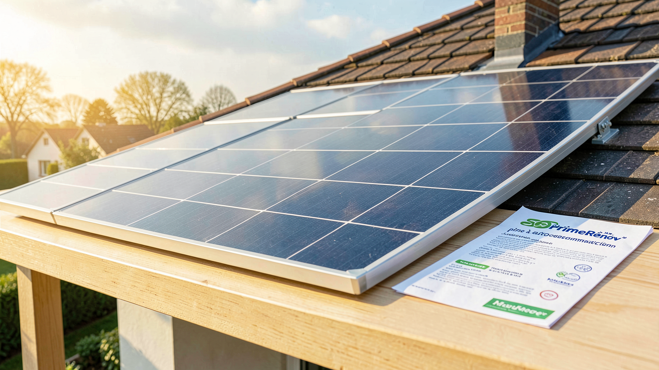 panneau photovoltaïque Soluxtec avec documents des aides financières 2024 (MaPrimeRénov', prime à l'autoconsommation) posés sur une table