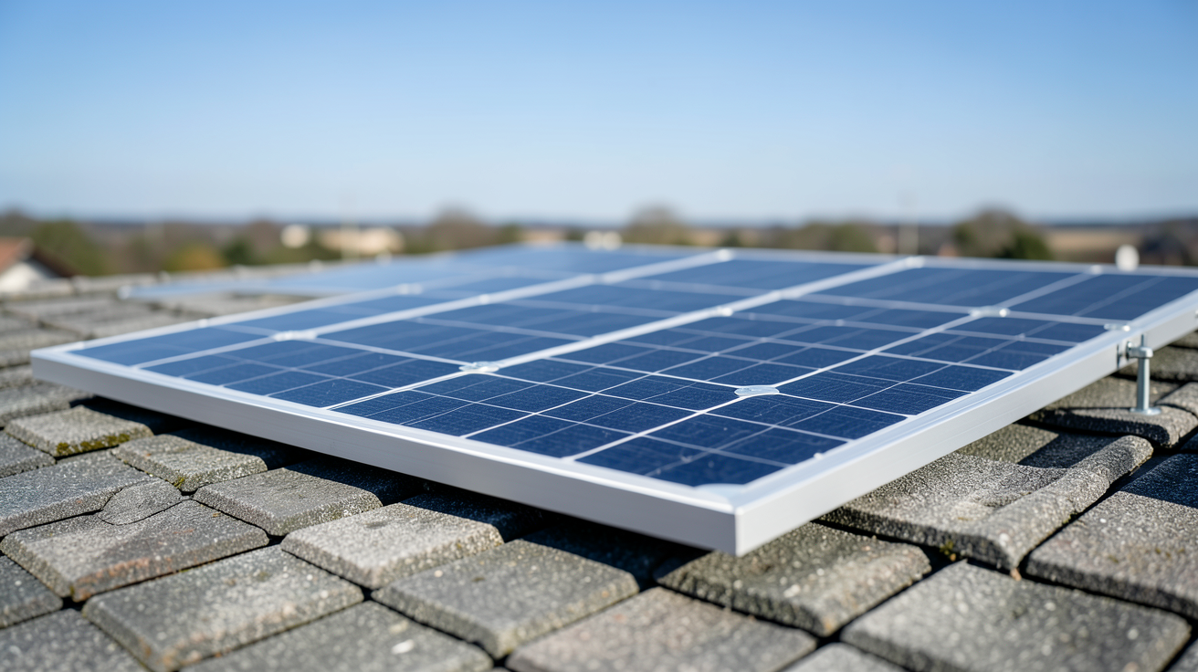 panneau photovoltaïque souple 300W installé sur un toit en tuiles grises avec ciel bleu dégagé