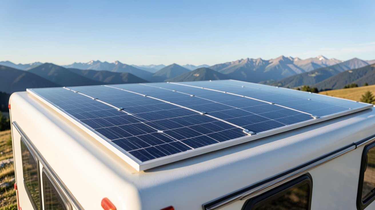 panneau photovoltaïque souple installé sur le toit d'un camping-car moderne avec ciel dégagé en arrière-plan
